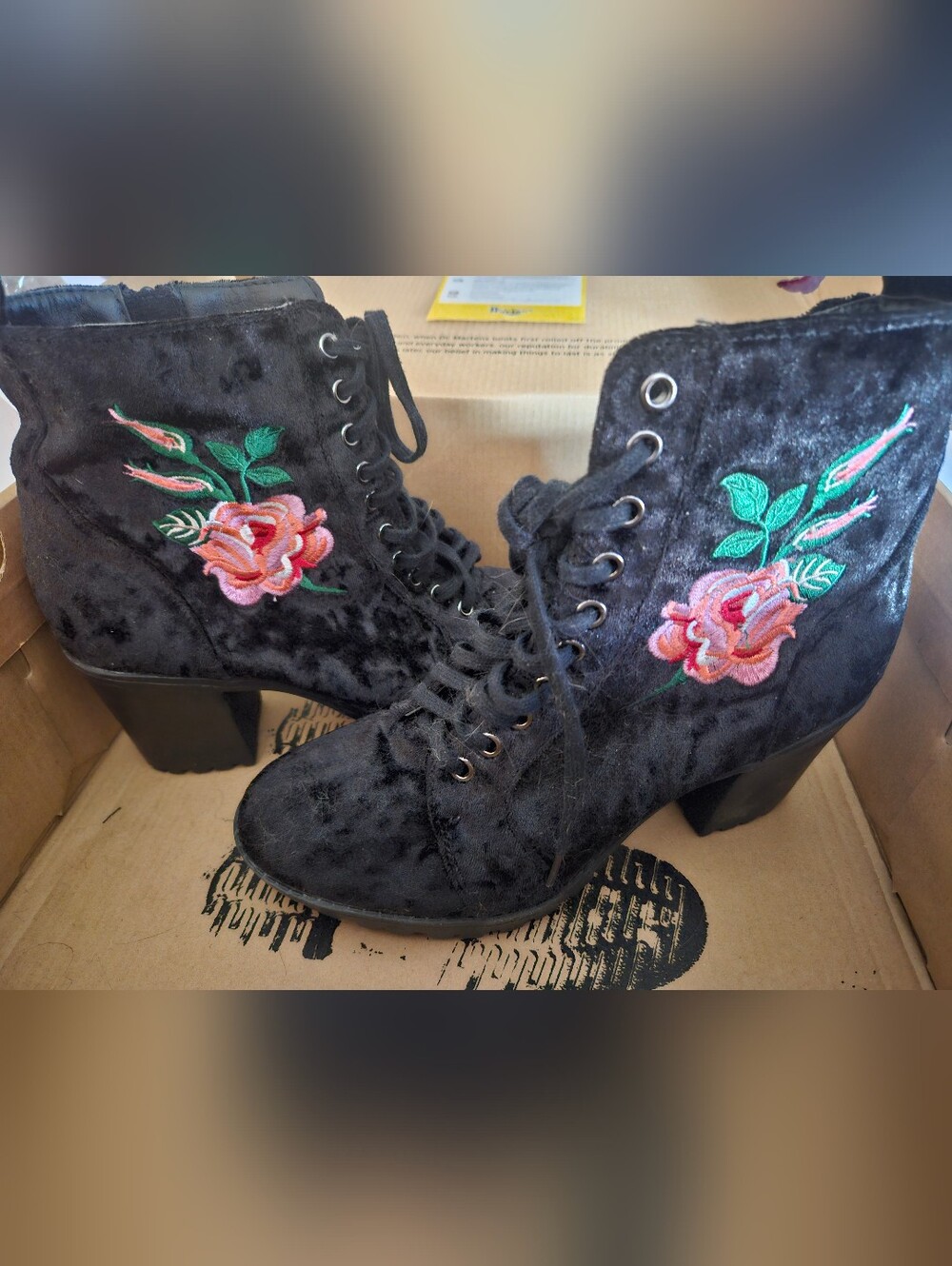 Report Black Velvet Lace-Up Ankle Boots with Pink Rose Embroidery